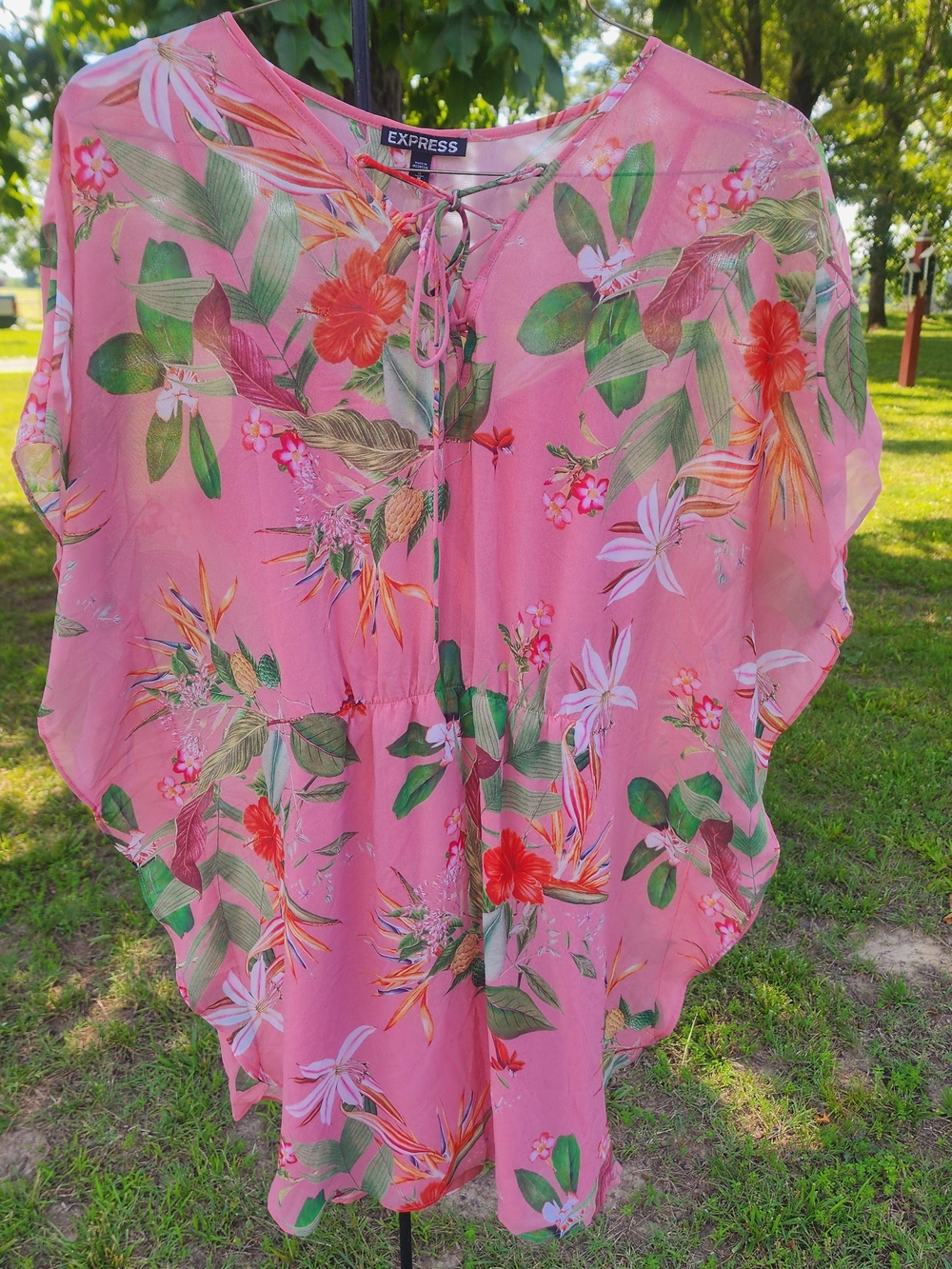Express Pink Floral Lace-Up Tunic